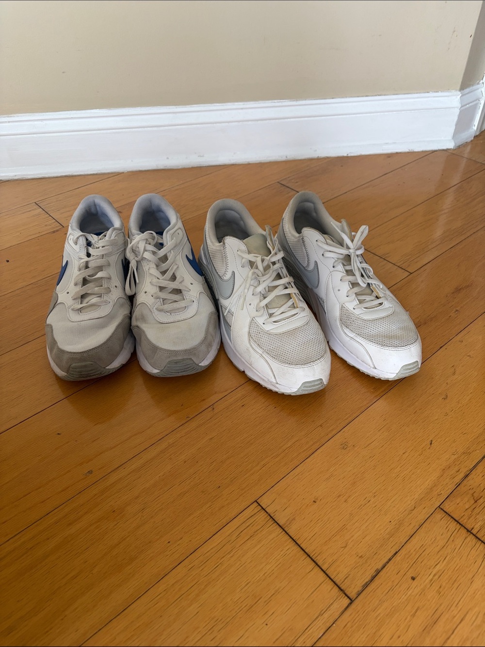 2 Pairs Nike Men's White and Gray Sneakers with Blue Accents - need cleaned